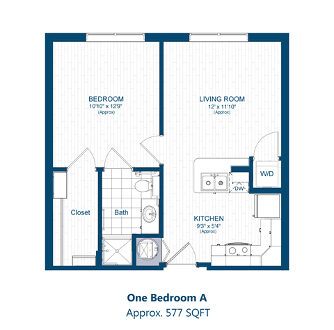 Floor plan for 1 bed, 1 bath, 577 sqft